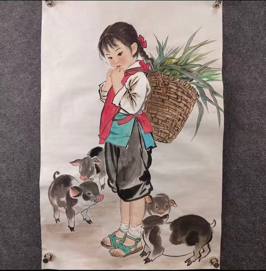 Countryside Childhood — Hand-Painted Brush & Ink Painting