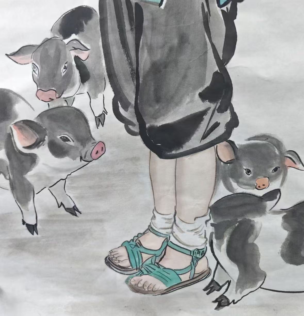 Countryside Childhood — Hand-Painted Brush & Ink Painting