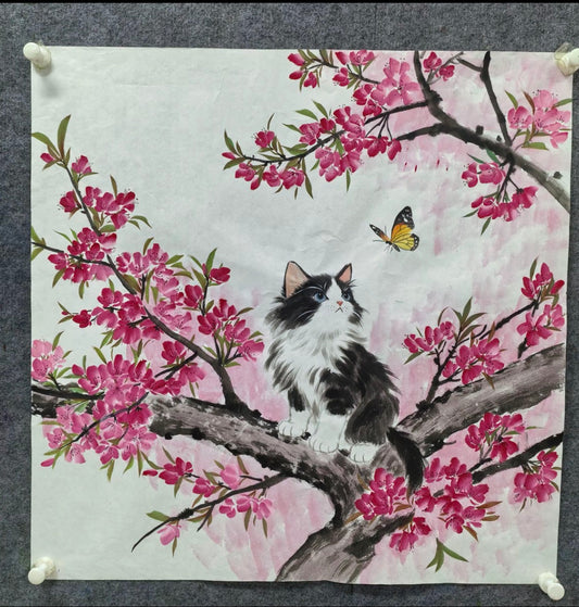 Black-and-White Cat Among Peach Blossoms — Hand-Painted Ink Painting