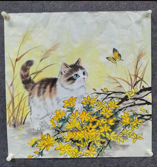 Spring Tabby Cat Among Yellow Blossoms — Hand-Painted Ink Painting
