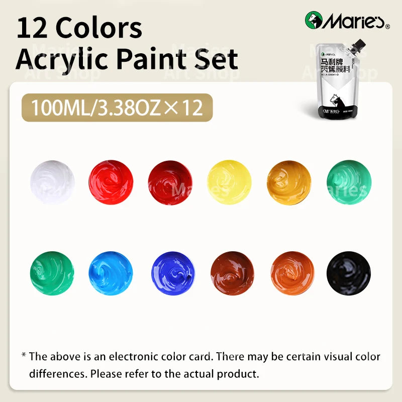 Acrylic Paint Set — 12 Colors, 100ml Tubes | Canvas, Wood, Stone & More