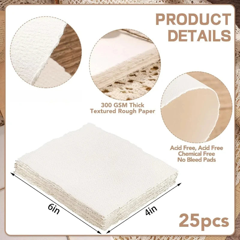 Handmade Watercolor Paper — 25 Sheets, 300 GSM Cotton | Deckled Edge, Cold Press Textured