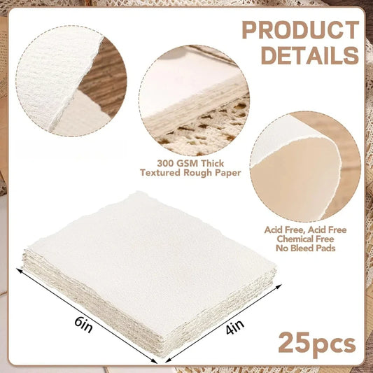 Handmade Watercolor Paper — 25 Sheets, 300 GSM Cotton | Deckled Edge, Cold Press Textured
