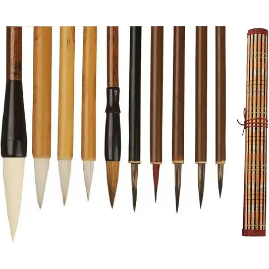 Chinese Calligraphy Brush Set — 10 Brushes with Storage Bag