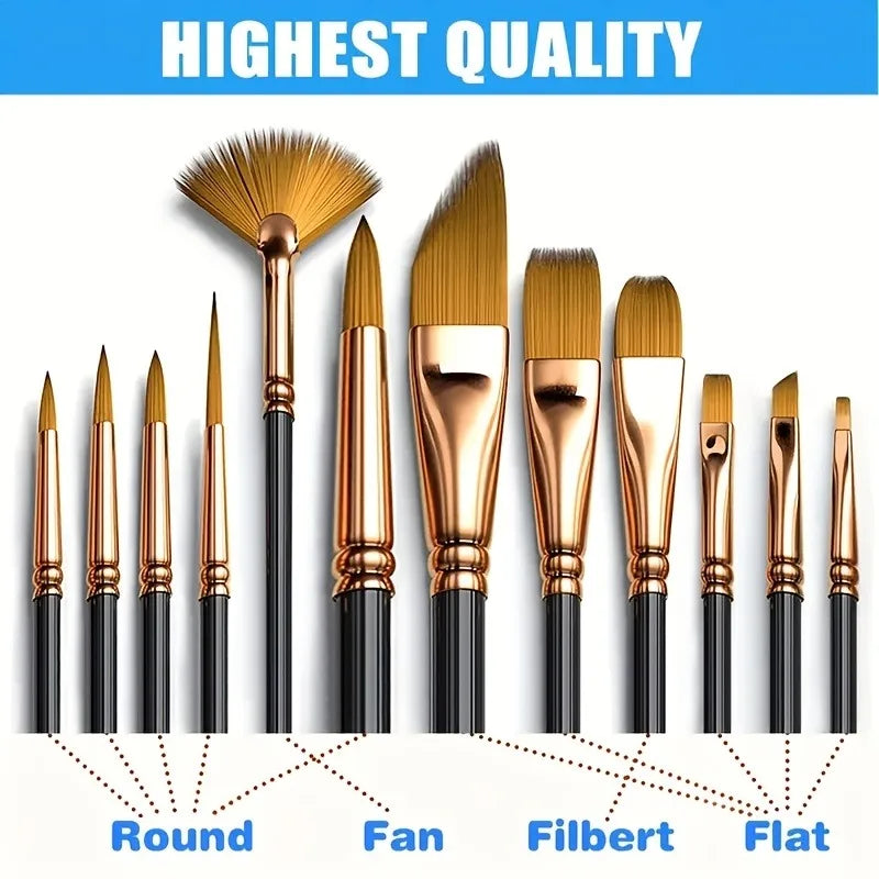 Nylon Flat Brush Set — 12 Pieces | Watercolor & Acrylic