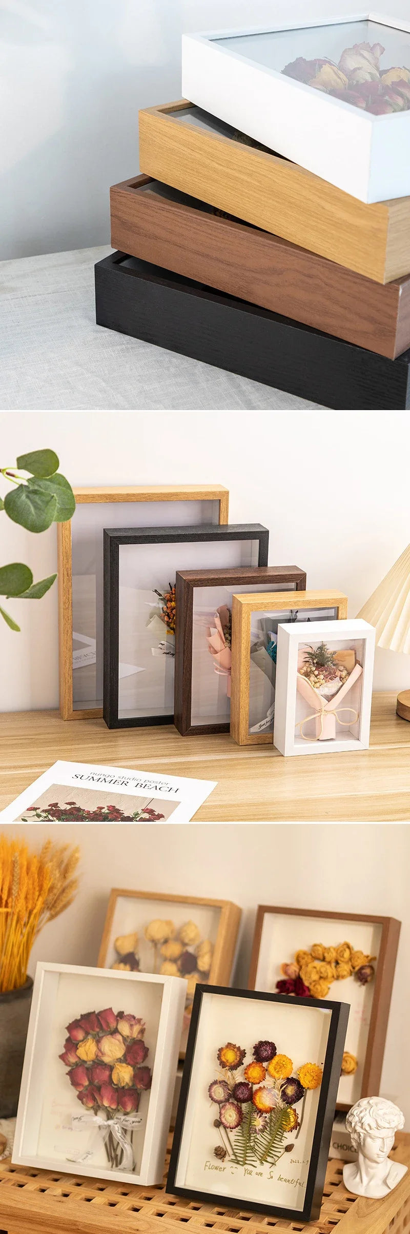 3D Shadow Box Frame — Dried Flower Display & Handmade Art Holder | 4 Colors, 6 Sizes