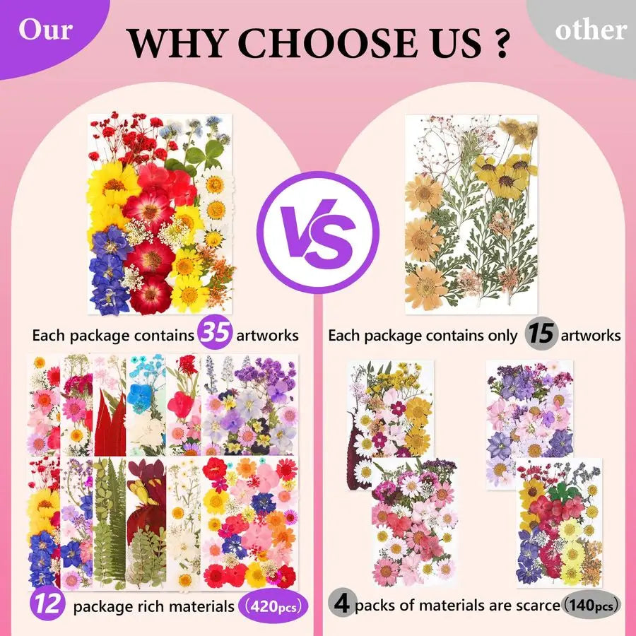 420-Piece Dried Pressed Flowers Set — 12 Varieties, Real Botanicals for Resin, Crafts & Home Décor