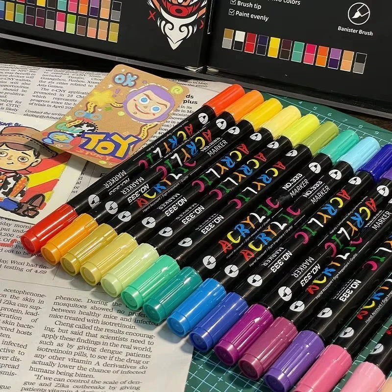 Acrylic Paint Markers Set — Dual-Tip Fine & Brush Pens for Stone, Wood & Calligraphy